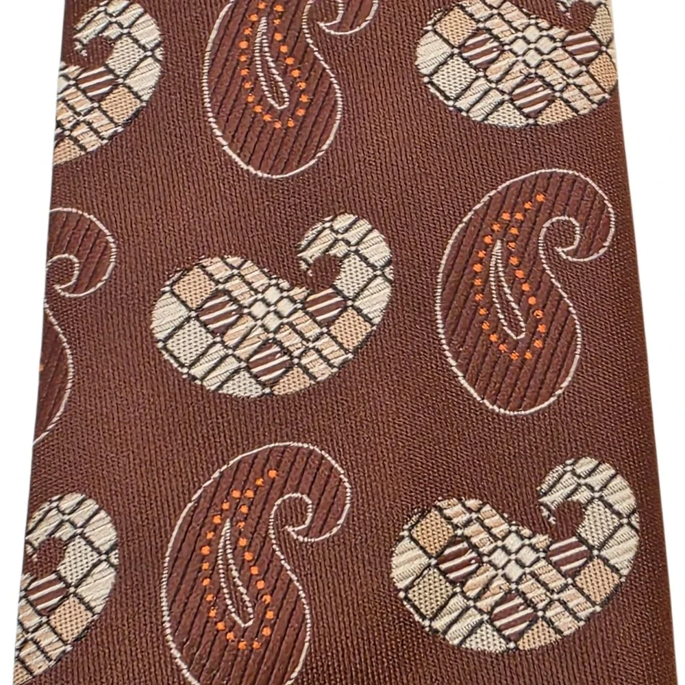 Vintage Wembley Tie Brown Paisley Polyester 70s Geometric Retro Mens Necktie